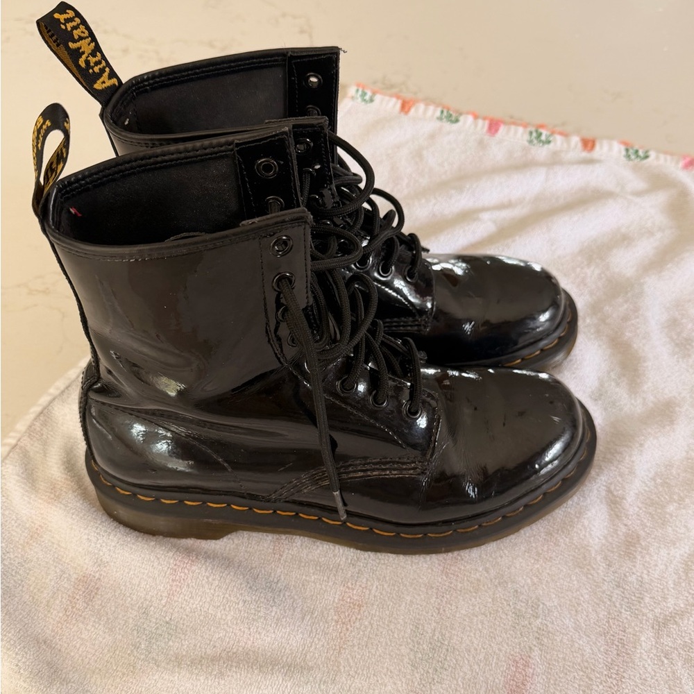 Dr. Martens Black Patent Lace-Up 8-Eye Boots with Yellow Stitching